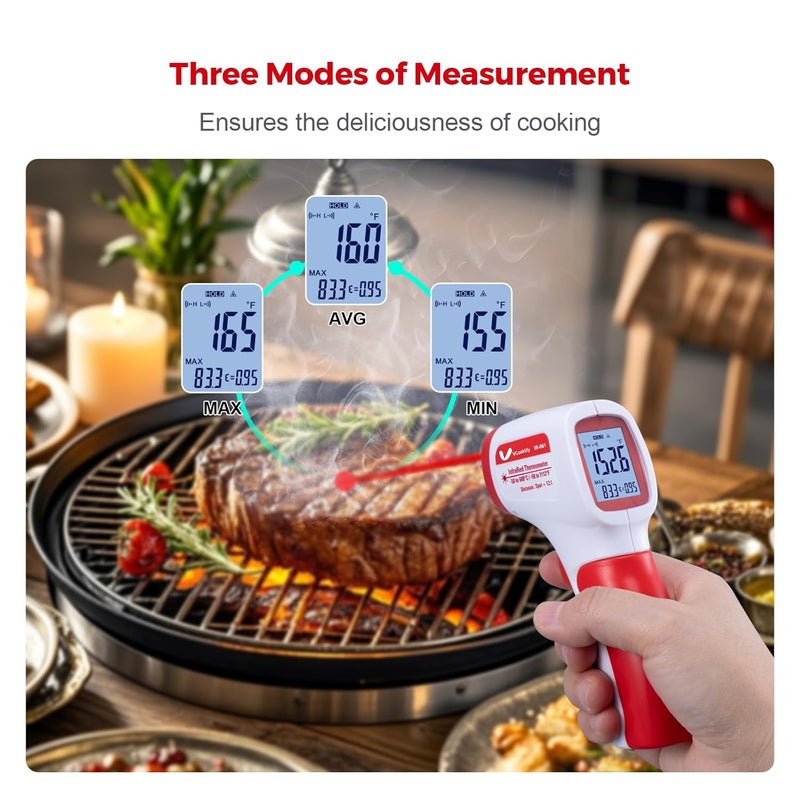 VCooklify Infrared Thermometer for Meat,Laser Temperature Gun,-58~1112°F,DS 12:1 Digital IR Temp Gun with Adjustable Emissivity&High/Low Alarm,LCD Display Thermal Gun for Food Oven Cooking HVAC - Image 2